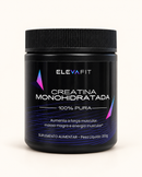 Creatina Monohidratada Elevafit, frasco preto de 350 g sobre fundo bege