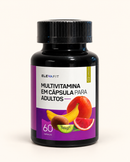 Multivitamina Elevafit, frasco preto de 60 cápsulas sobre fundo bege